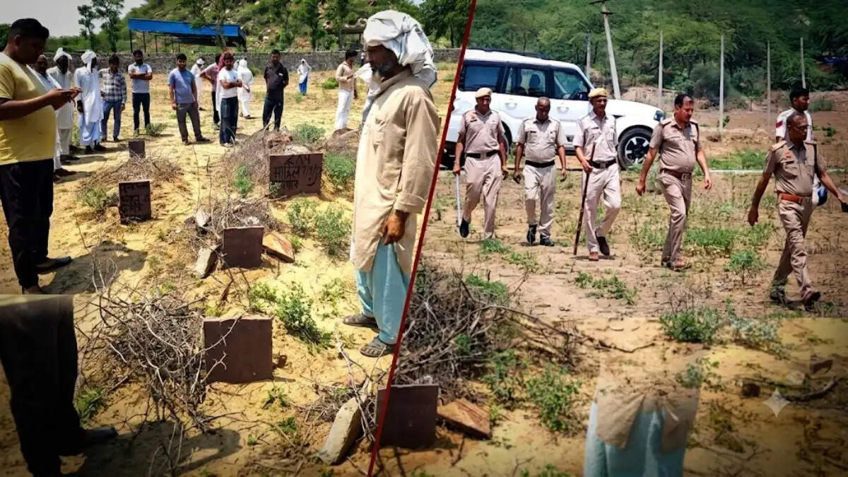 नूंह के गांव सौंख में कब्र से निकाले गए बच्चे के शव की जांच के दौरान मौजूद पुलिस और प्रशासनिक टीम