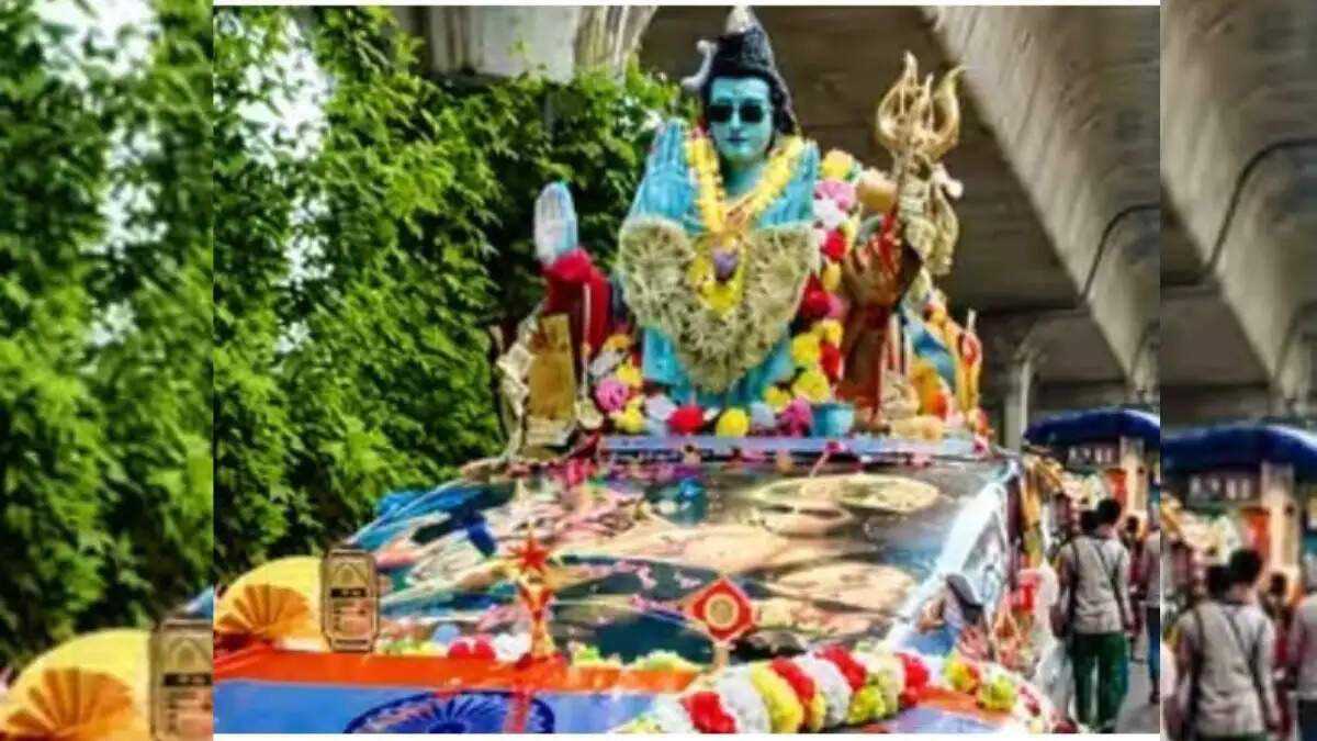 McLaren sports car themed kanwar yatra 2026 with Lord Shiva idol - 5.5 crore dummy car kanwar from Haridwar to Delhi