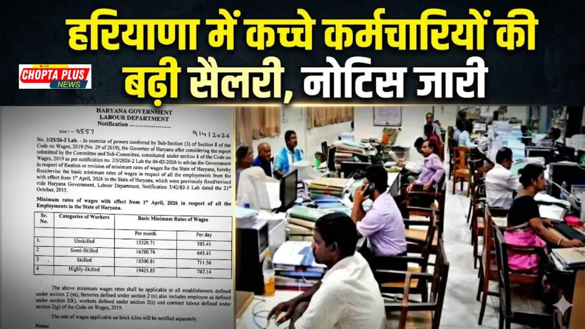 Official notification letter of Haryana Government Labour Department showing revised minimum wages for 2026.