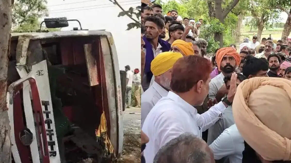 फतेहाबाद के टोहाना में खेत में पलटी हुई प्राइवेट बस और सड़क पर जाम लगाकर प्रदर्शन करते हुए ग्रामीण