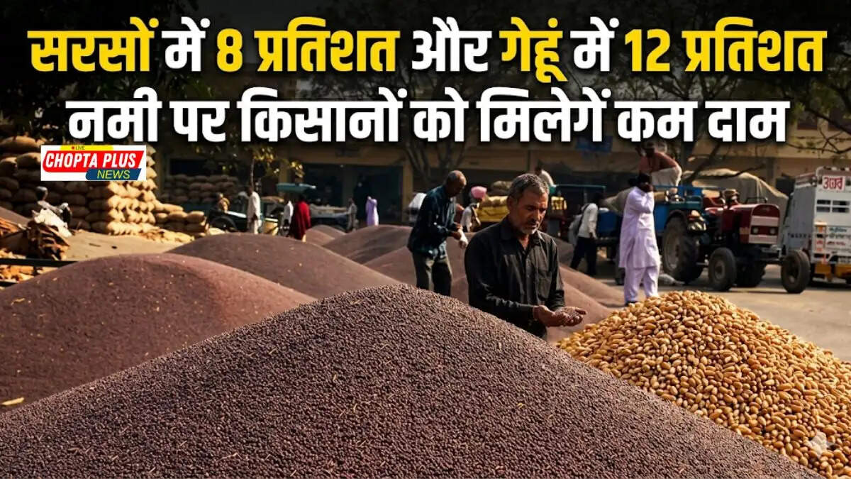 A farmer sitting with his mustard crop in a Haryana grain market during procurement