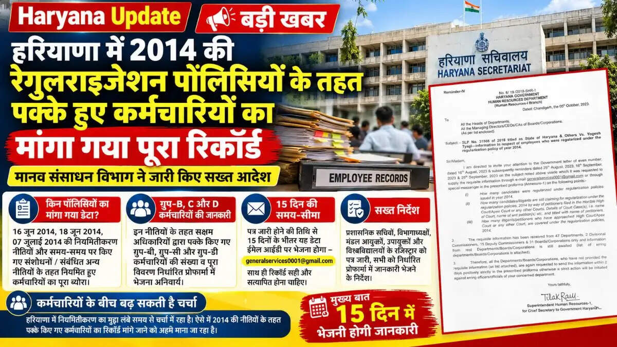 हरियाणा में 2014 की पॉलिसी से पक्के हुए कर्मचारियों का मांगा गया रिकॉर्ड, 15 दिन में देनी होगी जानकारी
