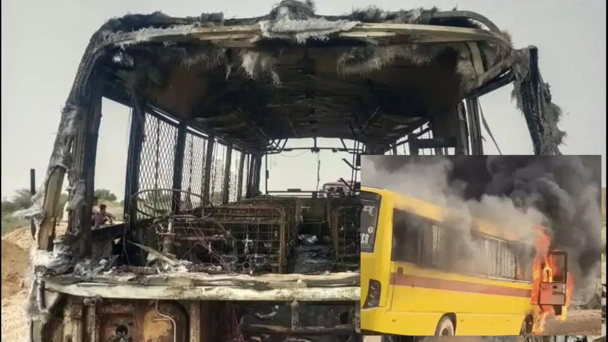 Jaisalmer school bus fire 2026 - bus engulfed in flames near Dhauwa village, all 25 children rescued safely by driver