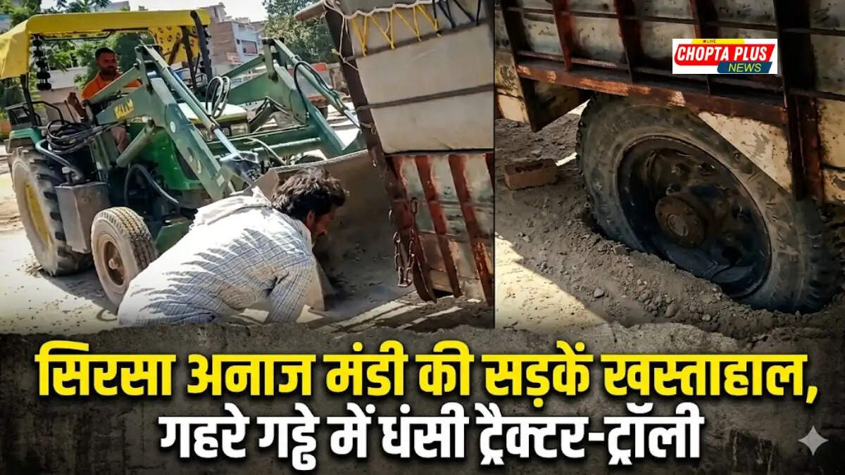Tractor trolley stuck in a pothole on the broken roads of Sirsa grain market